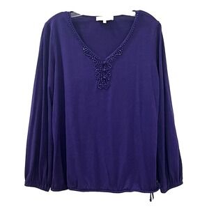 Jones New York‎ Women's Top L Purple Beaded V-Neckline Long Sleeve Bubble Hem